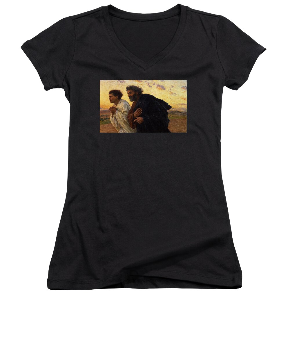 The Women's V-Neck featuring the painting The Disciples Peter and John Running to the Sepulchre on the Morning of the Resurrection by Eugene Burnand