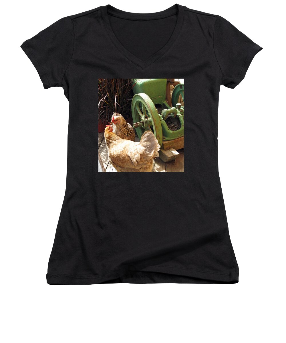 Chickens Women's V-Neck featuring the photograph The Discussion by Barbara McDevitt