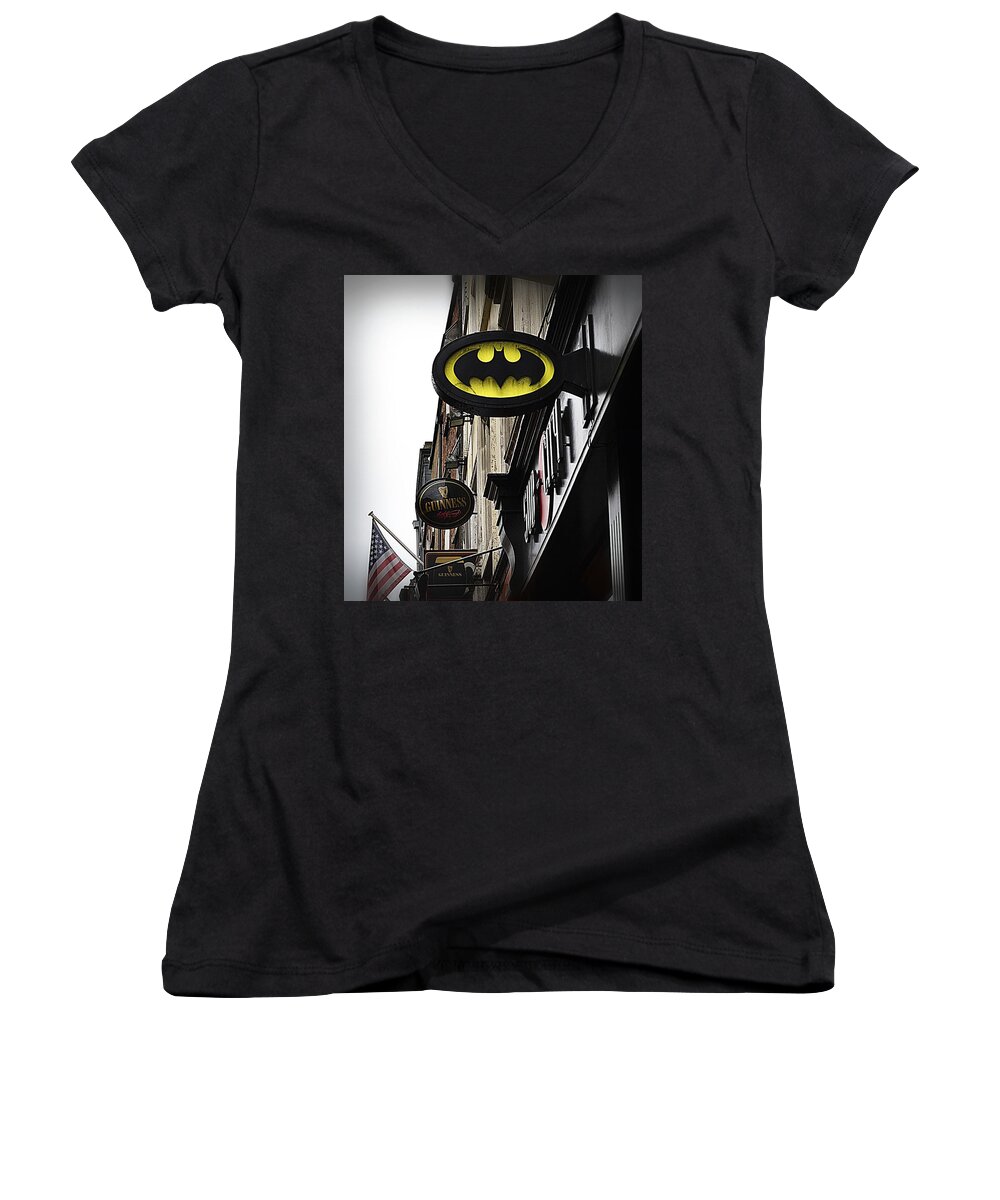 Batman Women's V-Neck featuring the photograph The Drink of Super Heroes by Nadalyn Larsen