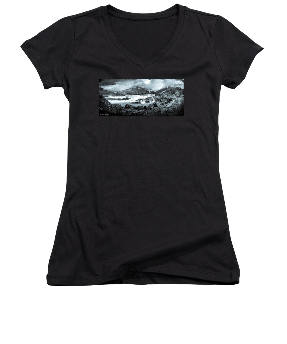 Waterfall Women's V-Neck featuring the photograph The Falls in Black and White by Andrew Matwijec