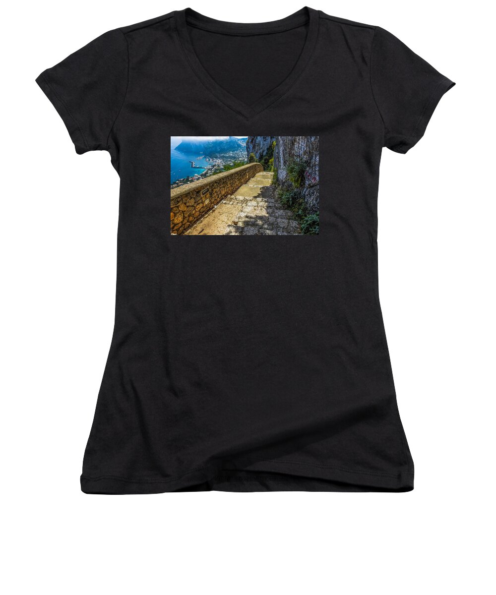 Italy Women's V-Neck featuring the photograph The Phoenician Steps - Isle of Capri Italy by Marilyn Burton