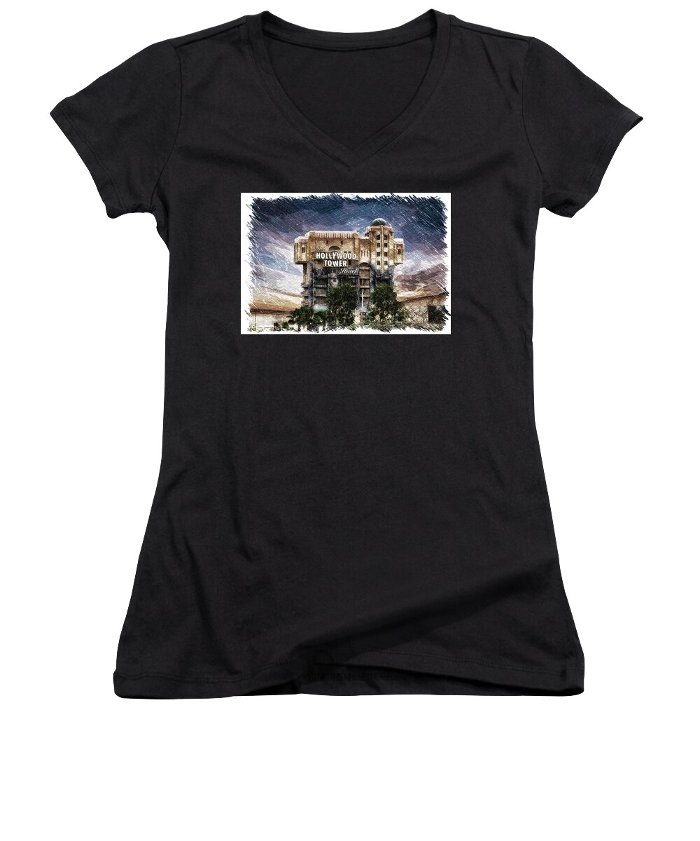 Main Street Women's V-Neck featuring the mixed media The Hollywood Tower Hotel Disneyland PA 01 by Thomas Woolworth
