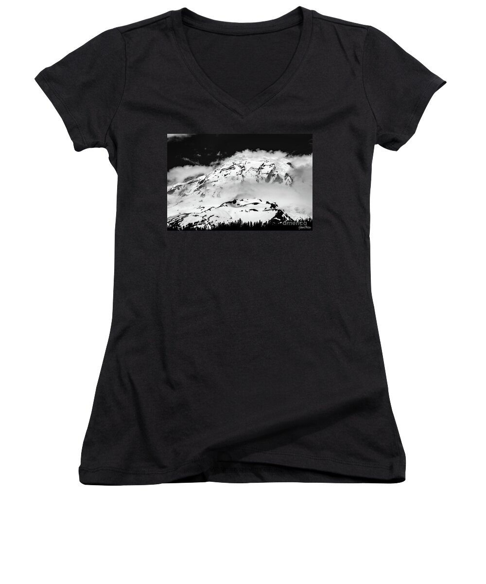 Mount Rainier Women's V-Neck featuring the photograph The Immovable Object, Black and White by Adam Morsa