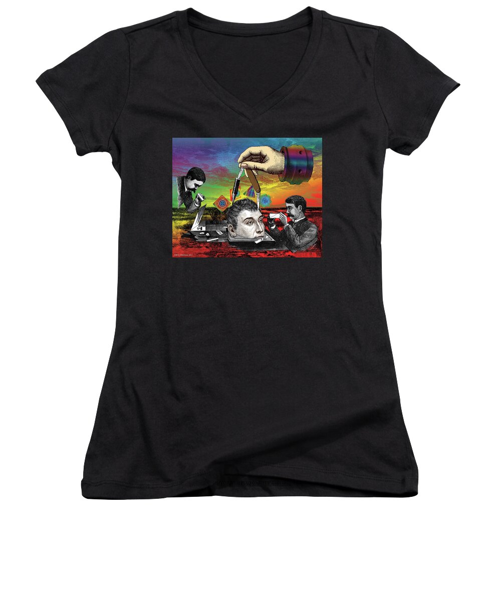 Digital Collage Women's V-Neck featuring the digital art The Inquisition by Eric Edelman