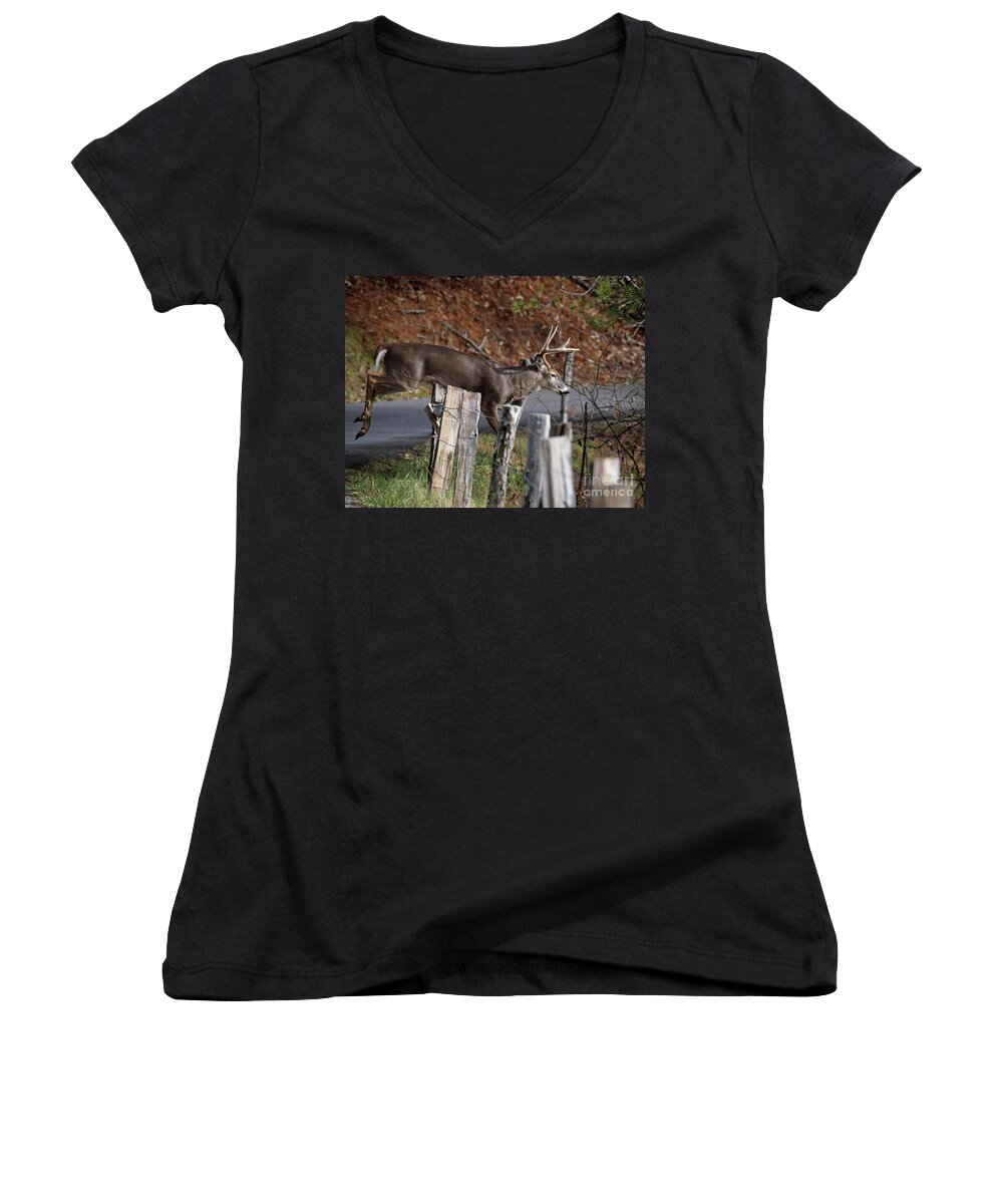 Buck Women's V-Neck featuring the photograph The Jumper 2 by Douglas Stucky