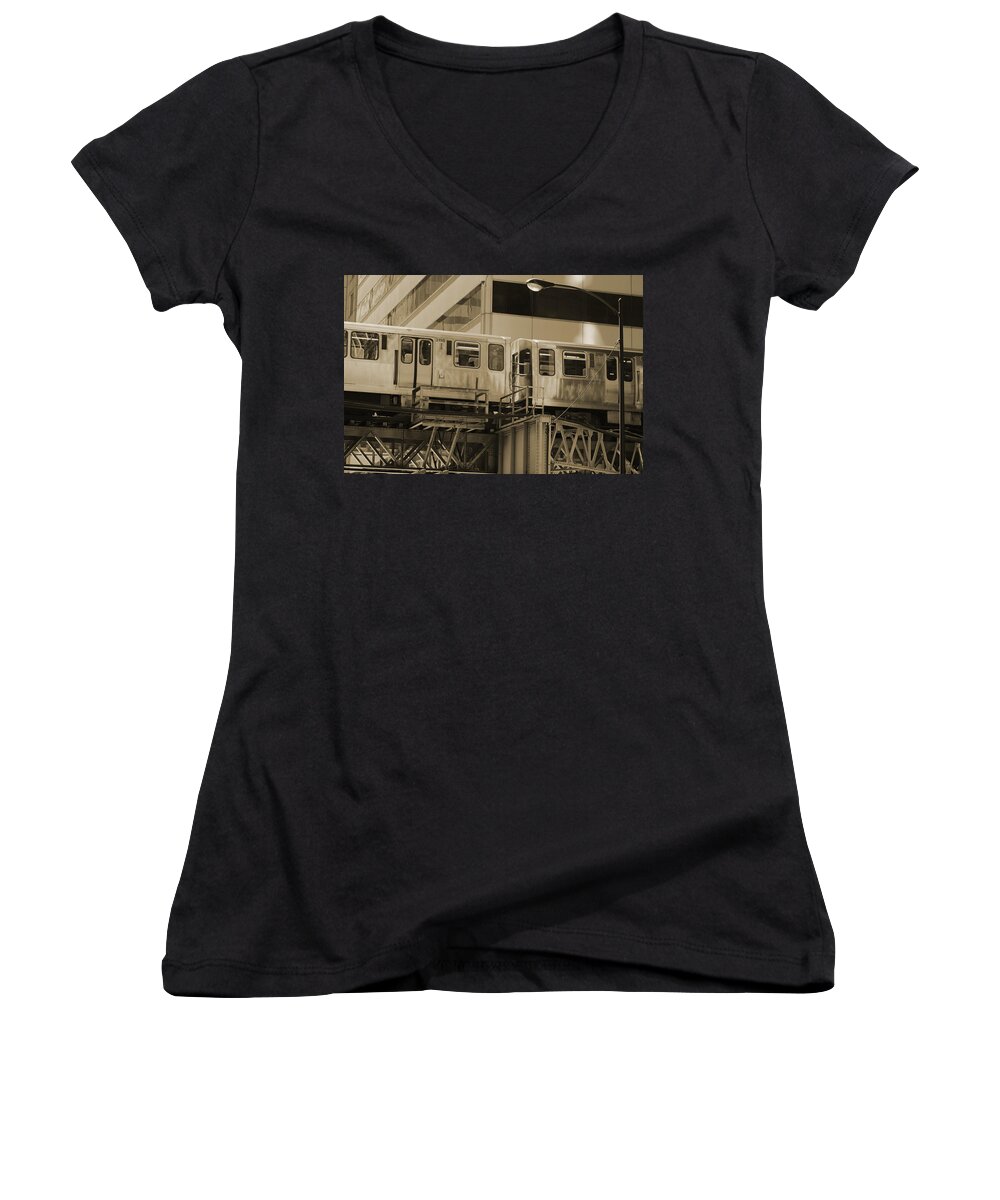 The L Women's V-Neck featuring the photograph The L Downtown Chicago in Sepia by Colleen Cornelius