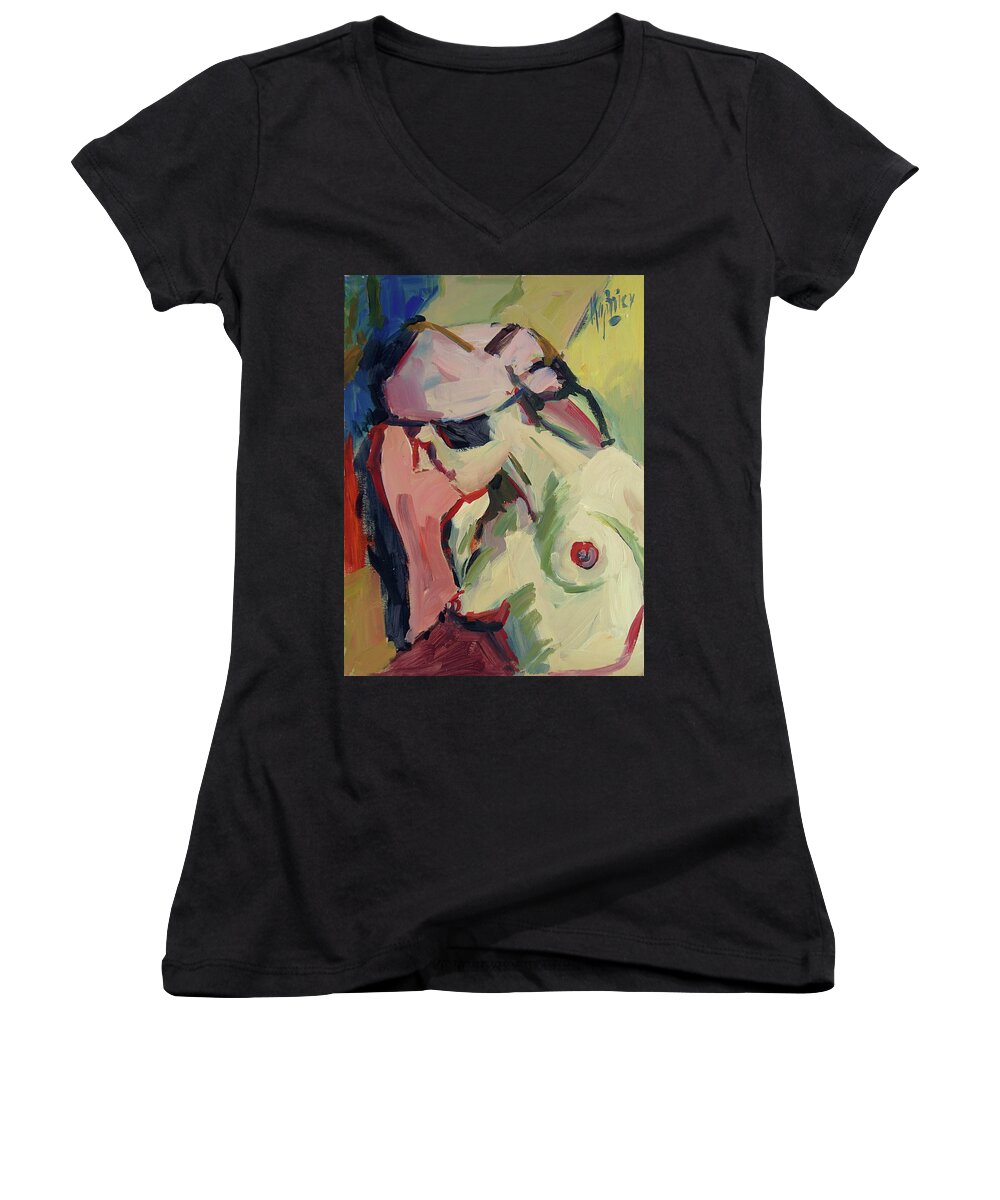Lady Women's V-Neck featuring the painting The lady without a pearl by Nop Briex