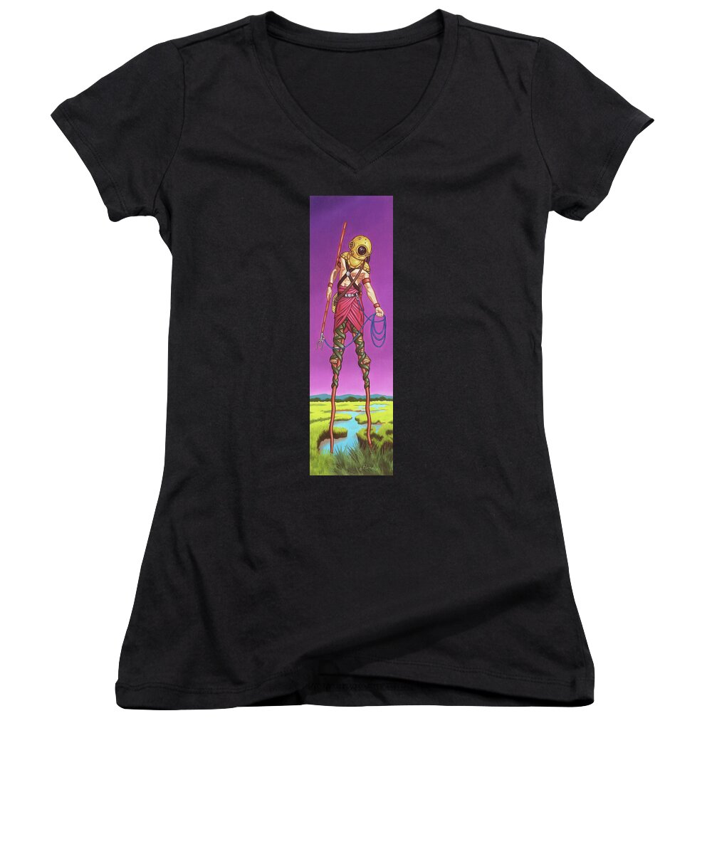 Marsh Women's V-Neck featuring the painting The Marsh Runner by Paxton Mobley
