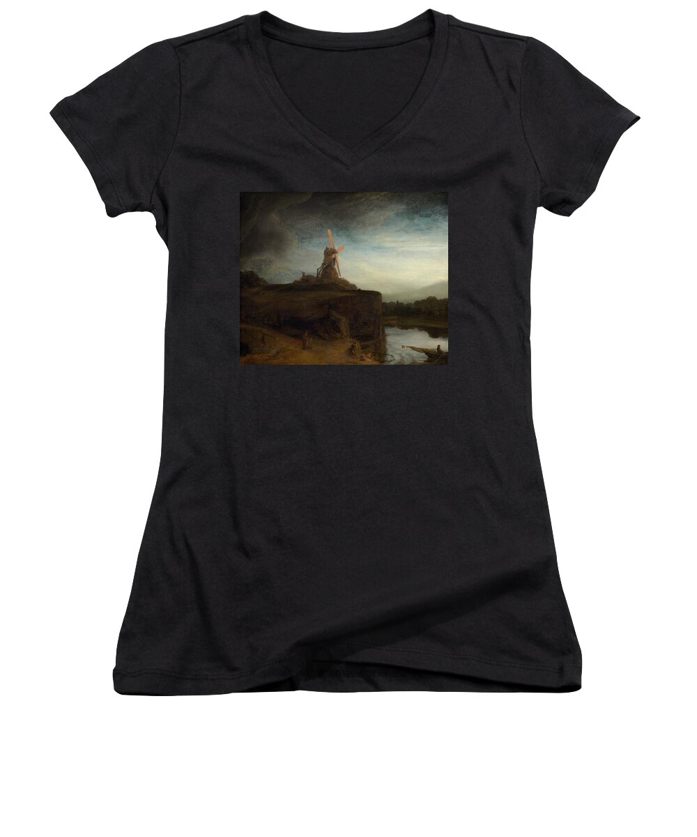 Rembrandt Women's V-Neck featuring the painting The Mill by Rembrandt