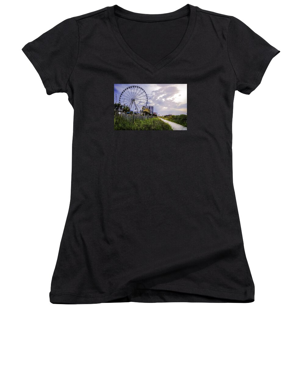 Horry Women's V-Neck featuring the photograph The Myrtle Beach, South Carolina Skywheel at Sunrise. by David Smith