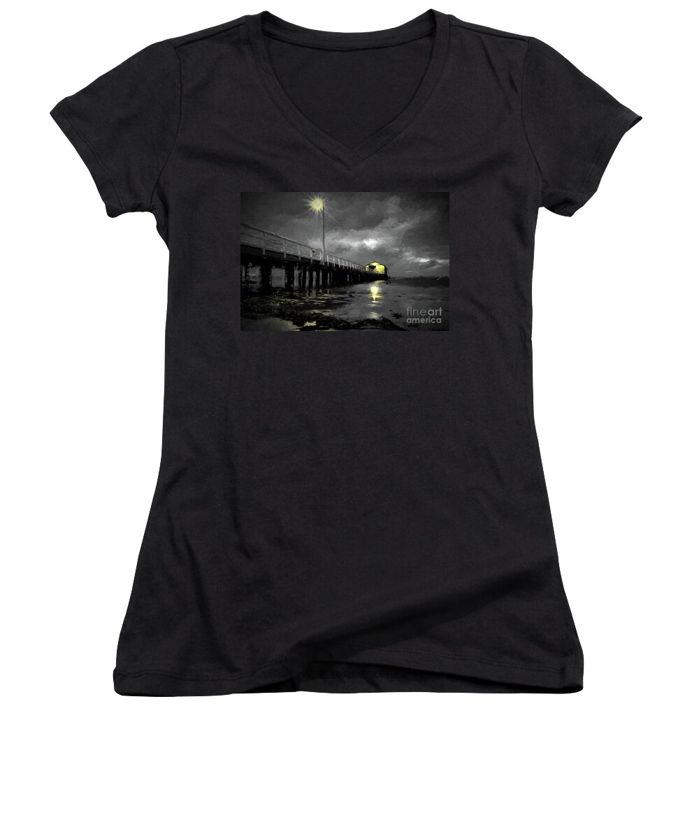 Pier Women's V-Neck featuring the digital art The pier on the bay by Howard Ferrier