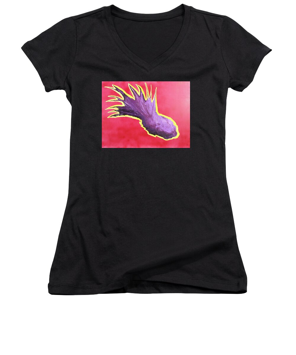 Modern Art Women's V-Neck featuring the painting The Purple Monstrosity by Thomas Blood