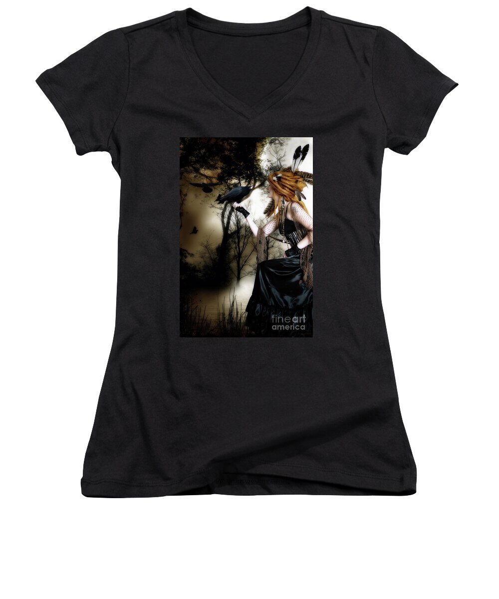 Nevermore Women's V-Neck featuring the digital art The Raven by Shanina Conway
