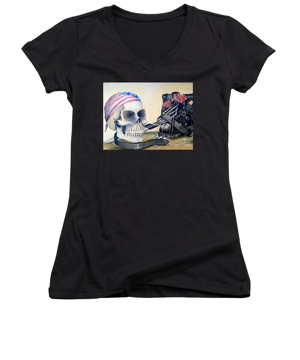  Skull Women's V-Neck featuring the painting The Rider by Mastiff Studios