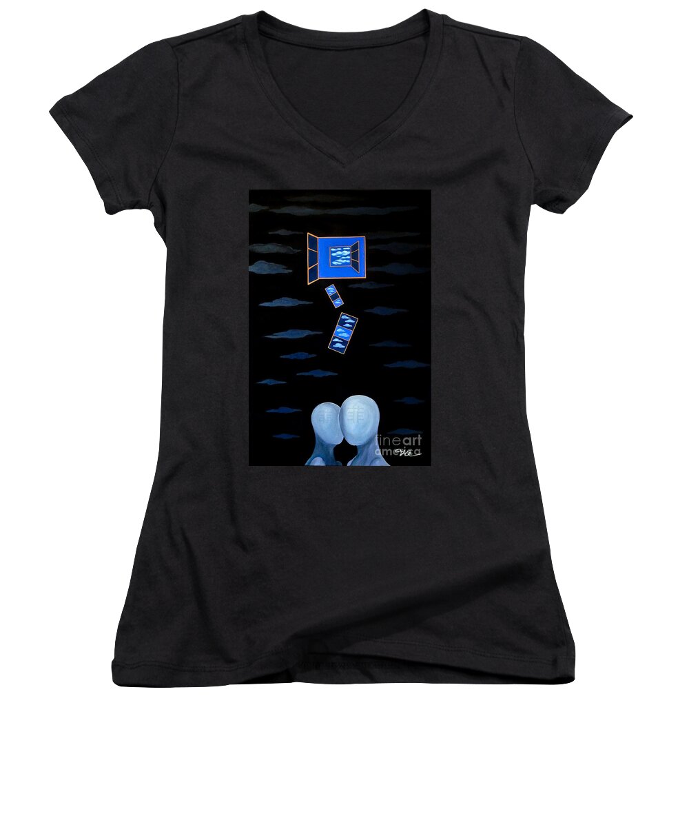 Google Images Women's V-Neck featuring the painting The Truth Is We Don't Know The Truth by Fei A