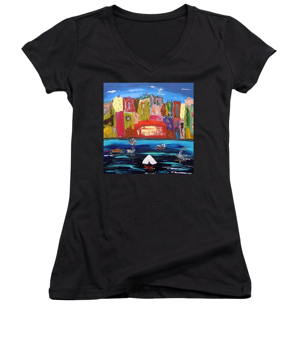 Urban Women's V-Neck featuring the painting The Vista of the City by Mary Carol Williams