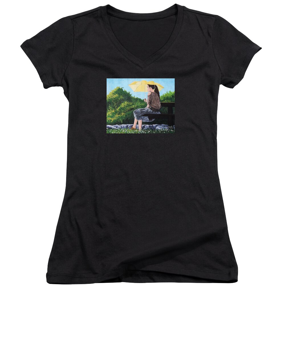 Park Scenes Women's V-Neck featuring the painting The Yellow Umbrella by Reb Frost