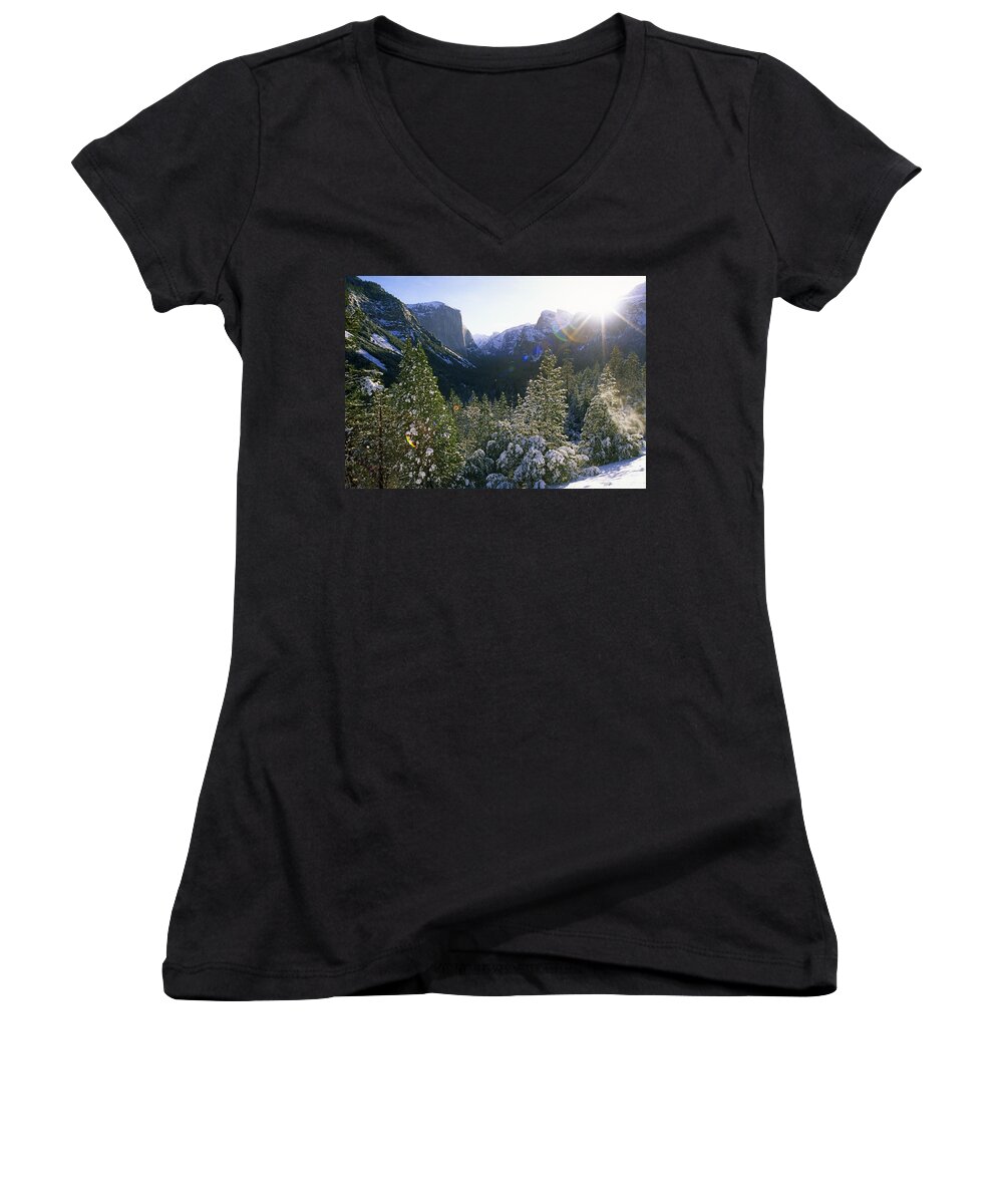 Winter Women's V-Neck featuring the photograph The Yosemite Valley in winter by Gary Corbett