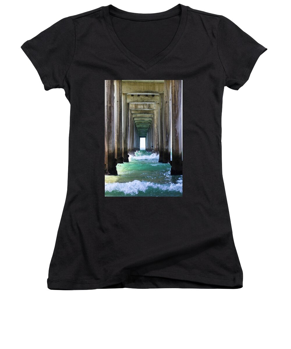Scripps Pier Women's V-Neck featuring the photograph Thinking Outside of the Box by Brandy Little