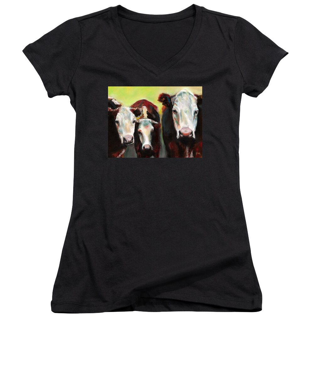 Cows Women's V-Neck featuring the painting Three Generations of Moo by Frances Marino