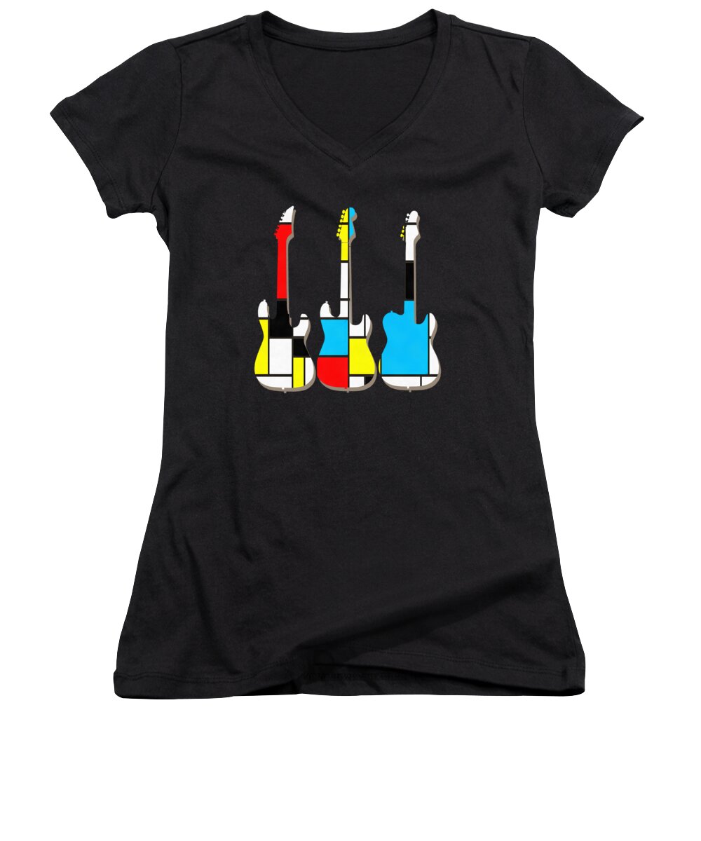 Guitars Women's V-Neck featuring the painting Three Guitars Modern Tee by Edward Fielding