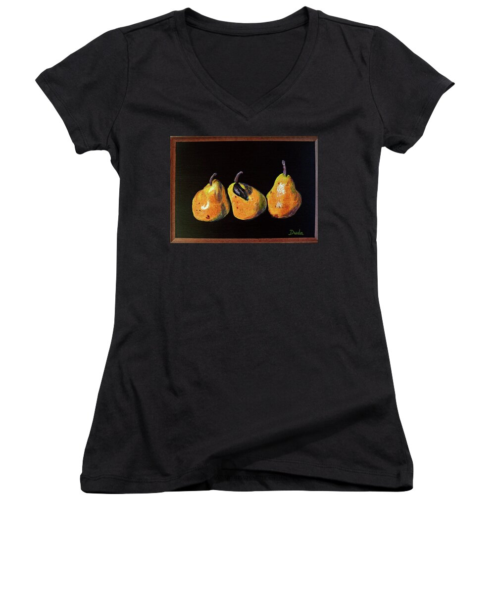 Three Yellow Pears Women's V-Neck featuring the painting Three Yellow Pears by Susan Duda