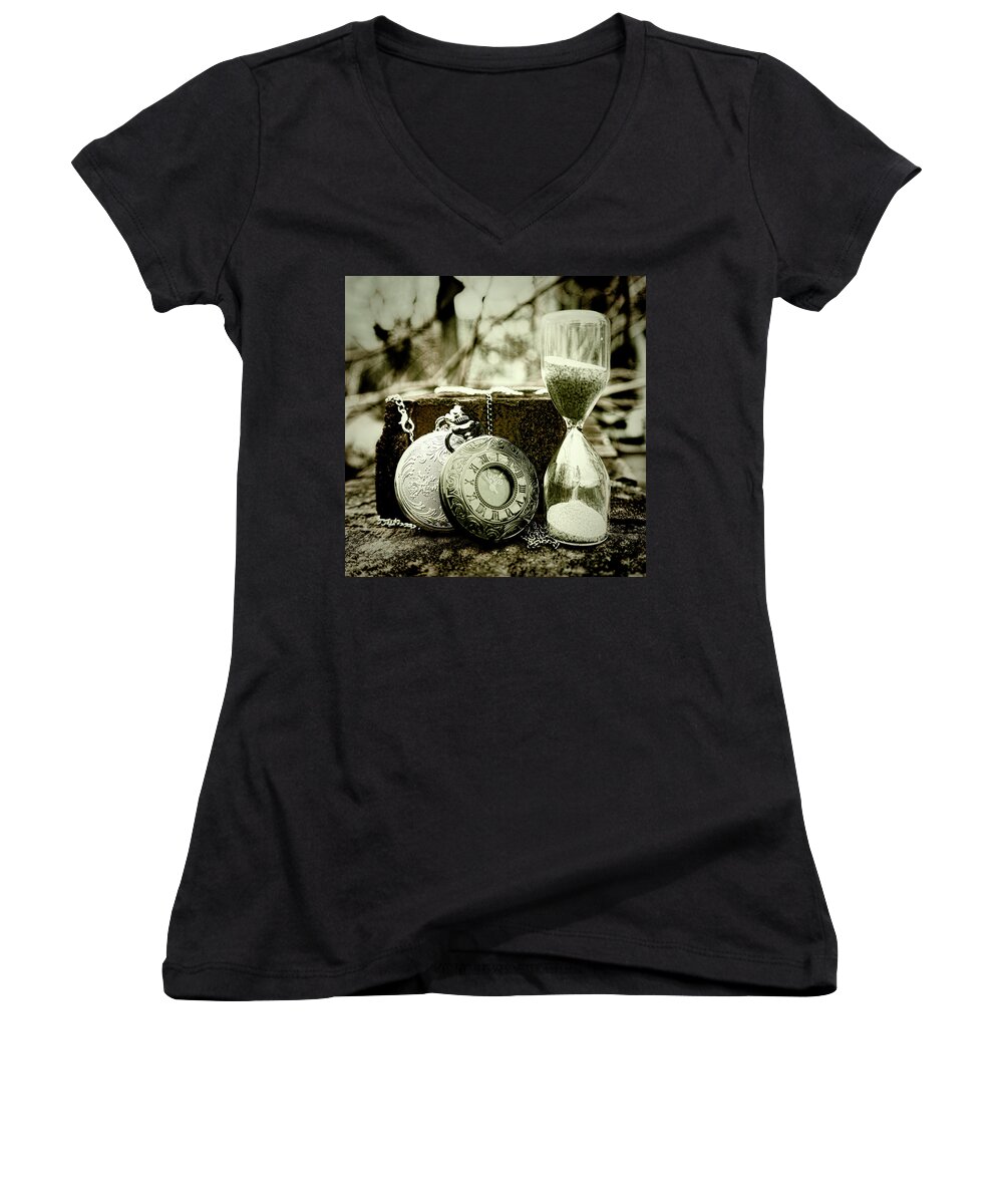 Sharon Popek Women's V-Neck featuring the photograph Time Tools by Sharon Popek