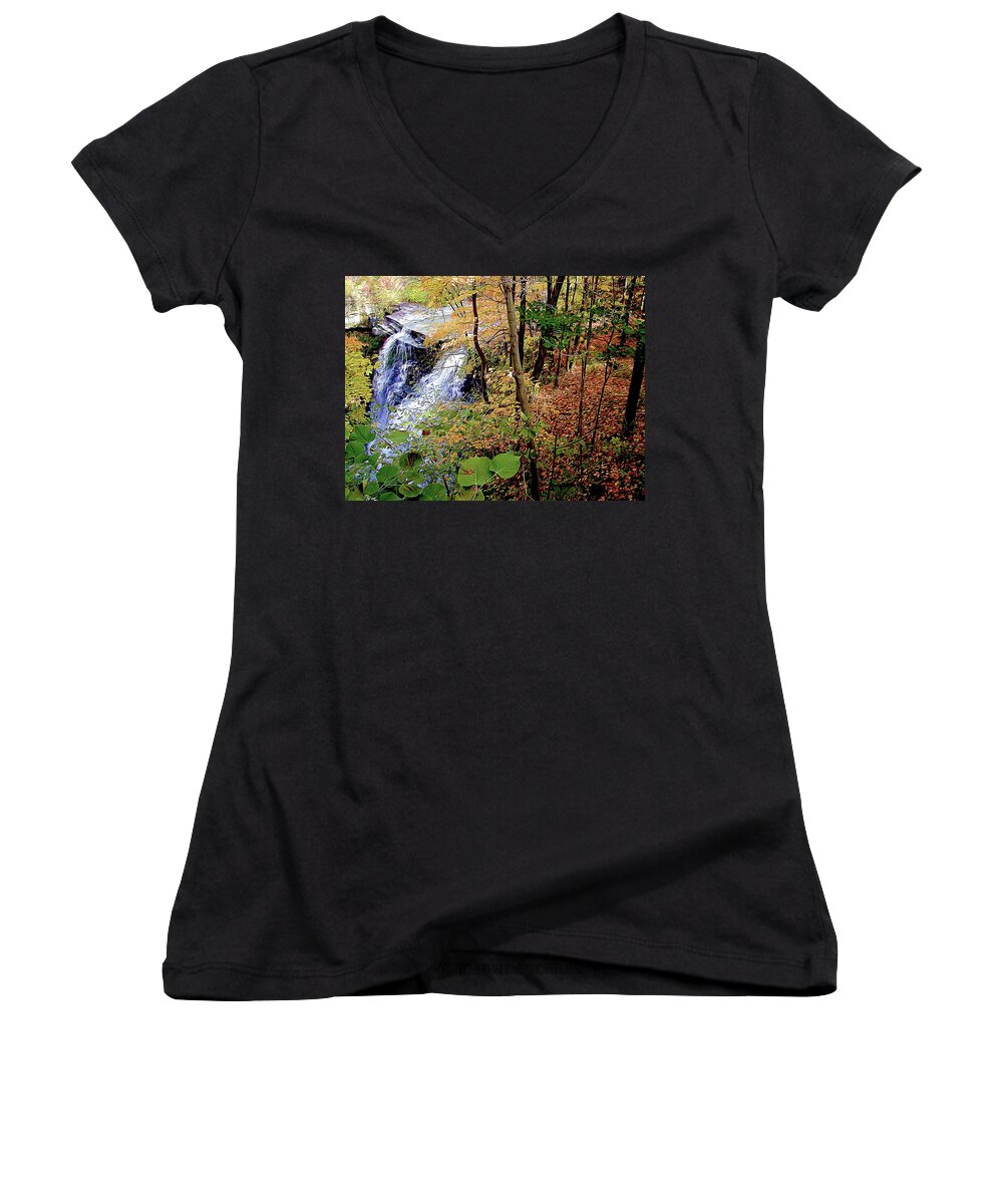 Nature Women's V-Neck featuring the photograph Top of the Falls by Linda Carruth