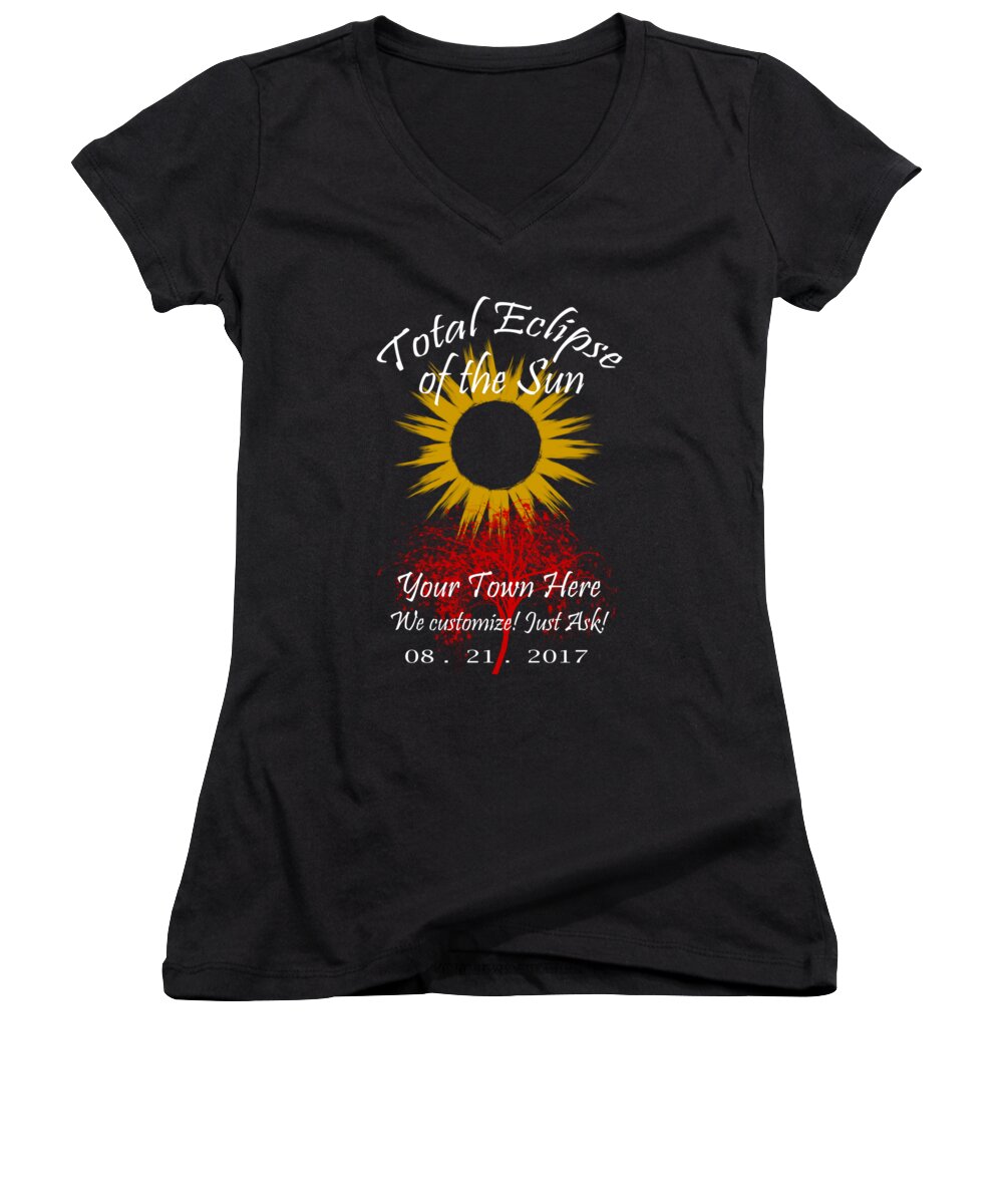 Total Women's V-Neck featuring the digital art Total Eclipse Art for T Shirts Sun and Tree on Black by Debra and Dave Vanderlaan