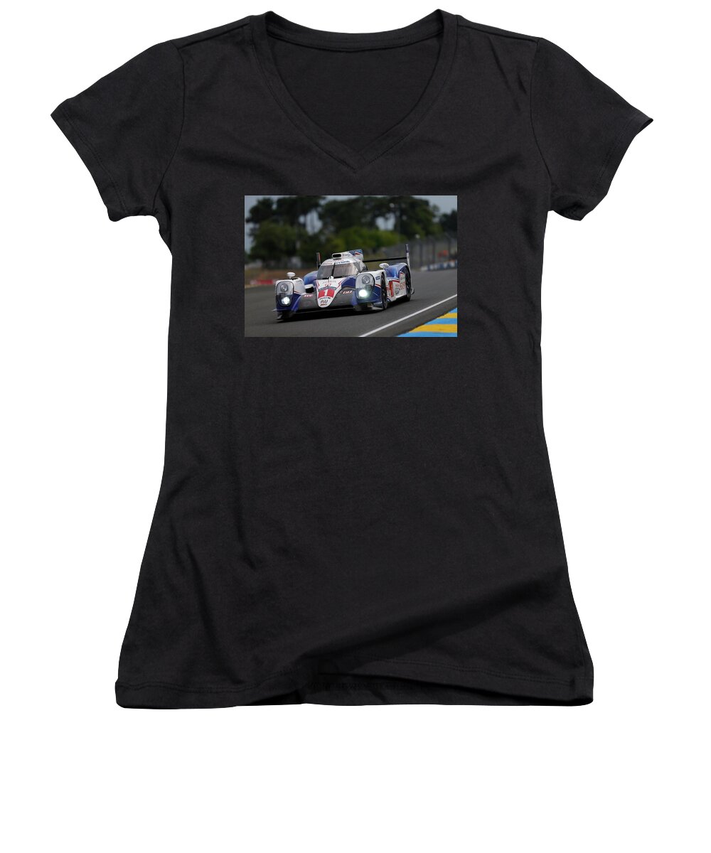 Toyota Ts040 Hybrid Women's V-Neck featuring the photograph Toyota TS040 Hybrid by Jackie Russo