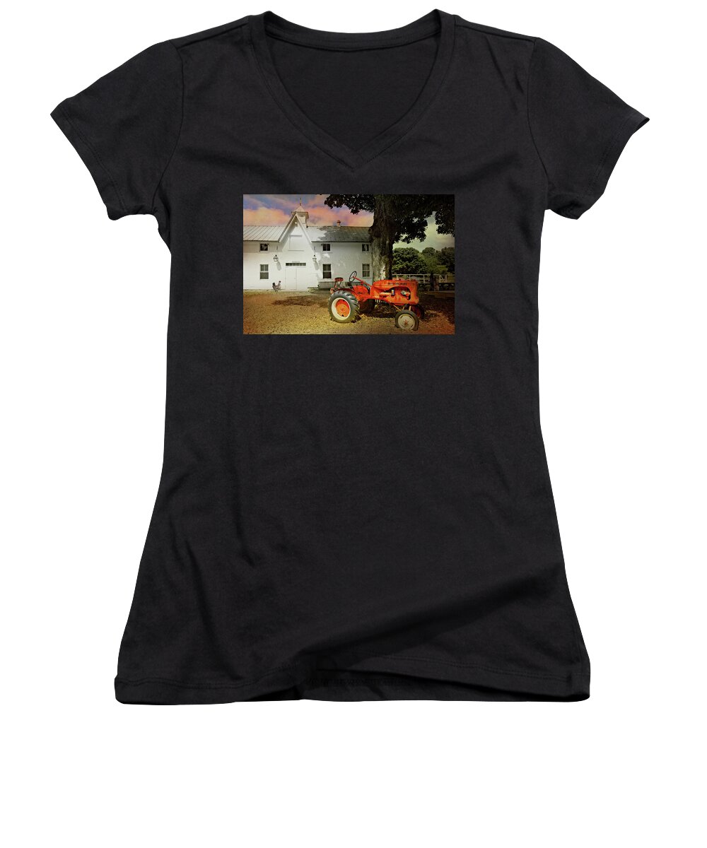 Tractor Barn Women's V-Neck featuring the photograph Tractor Barn by Diana Angstadt