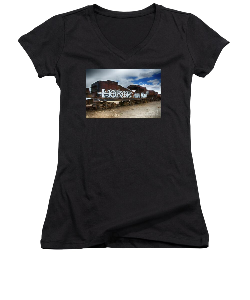 Uyuni Women's V-Neck featuring the photograph Train Graveyard Uyuni Bolivia 13 by Bob Christopher