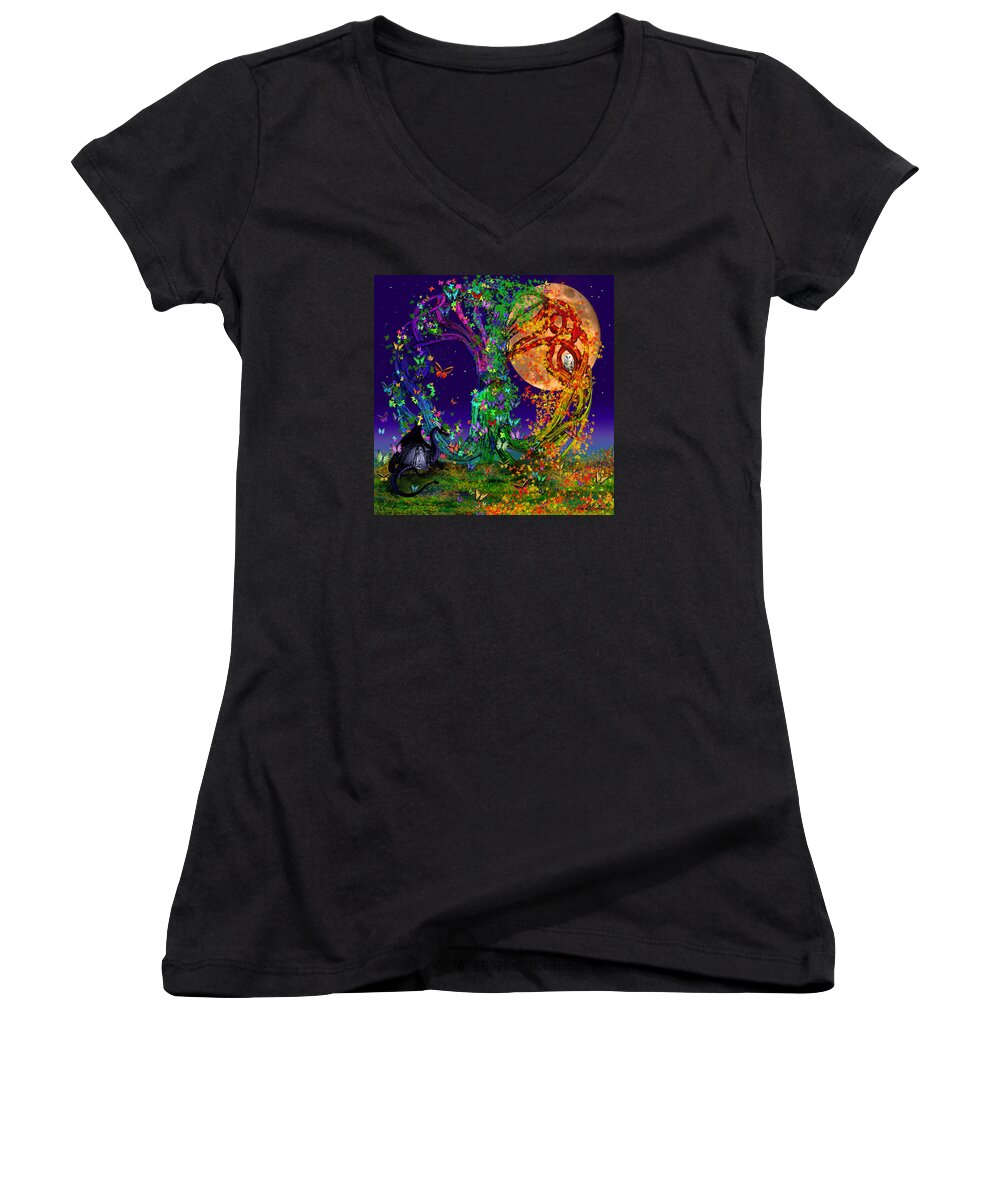 Harvest Moon Women's V-Neck featuring the painting Tree Of Life With Owl and Dragon by Michele Avanti