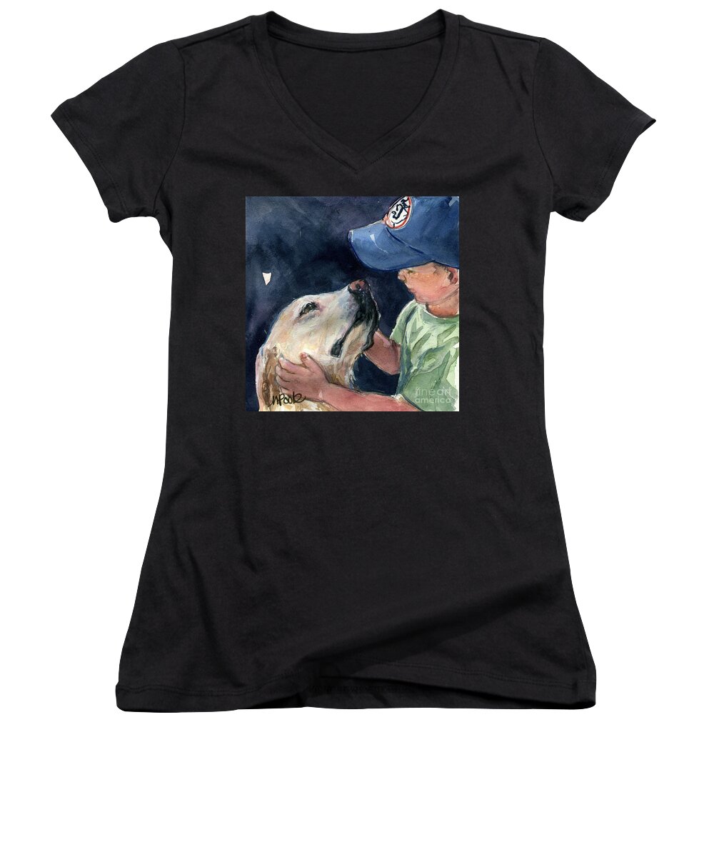 Yellow Labrador Retriever Women's V-Neck featuring the painting True Blue by Molly Poole