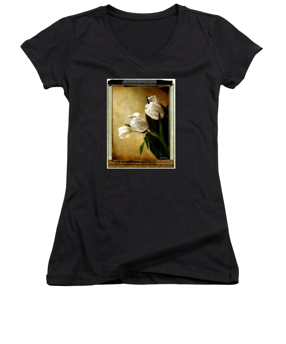 Flowers Women's V-Neck featuring the photograph Tulip Side Sepia by Linda Olsen