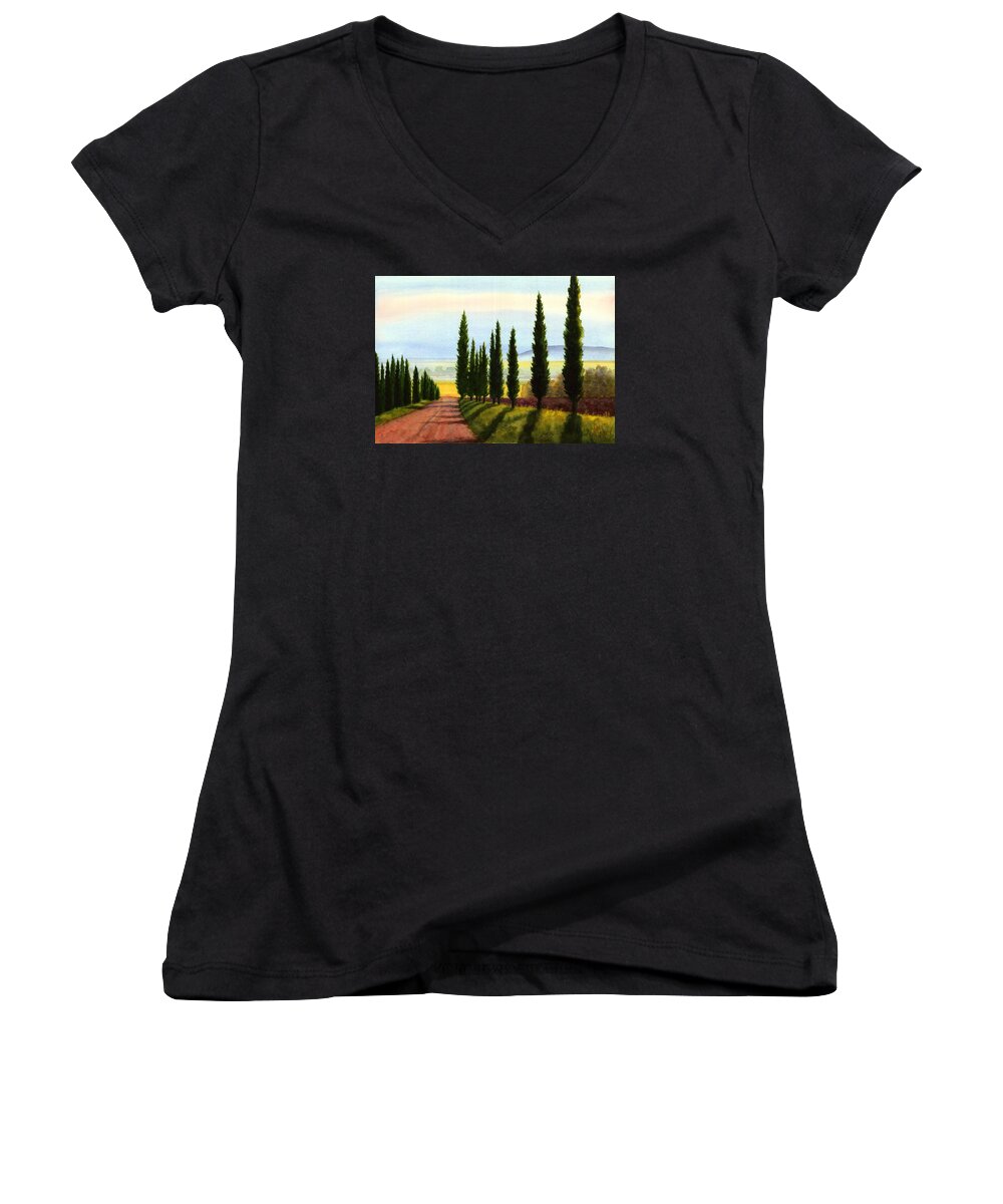 Tuscany Women's V-Neck featuring the painting Tuscany Cypress Trees by Janet King