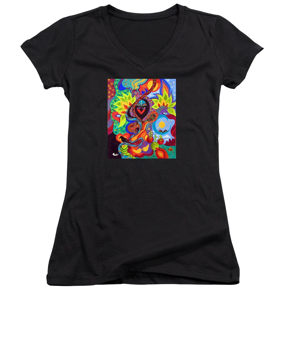 Abstract Women's V-Neck featuring the painting Lovebirds by Marina Petro