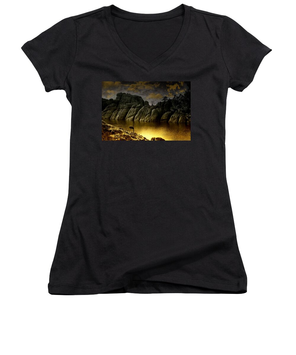 Lake Women's V-Neck featuring the photograph Twilight at the Lake by Ellen Heaverlo