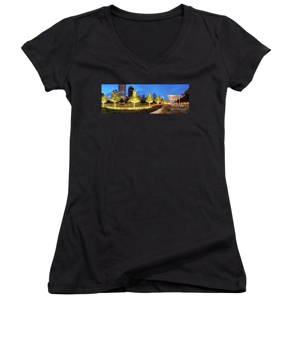 Downtown Women's V-Neck featuring the photograph Twilight Panorama of Klyde Warren Park and Downtown Dallas Skyline - North Texas by Silvio Ligutti