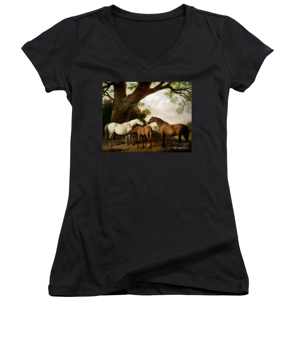 Two Women's V-Neck featuring the painting Two Mares and a Foal by George Stubbs