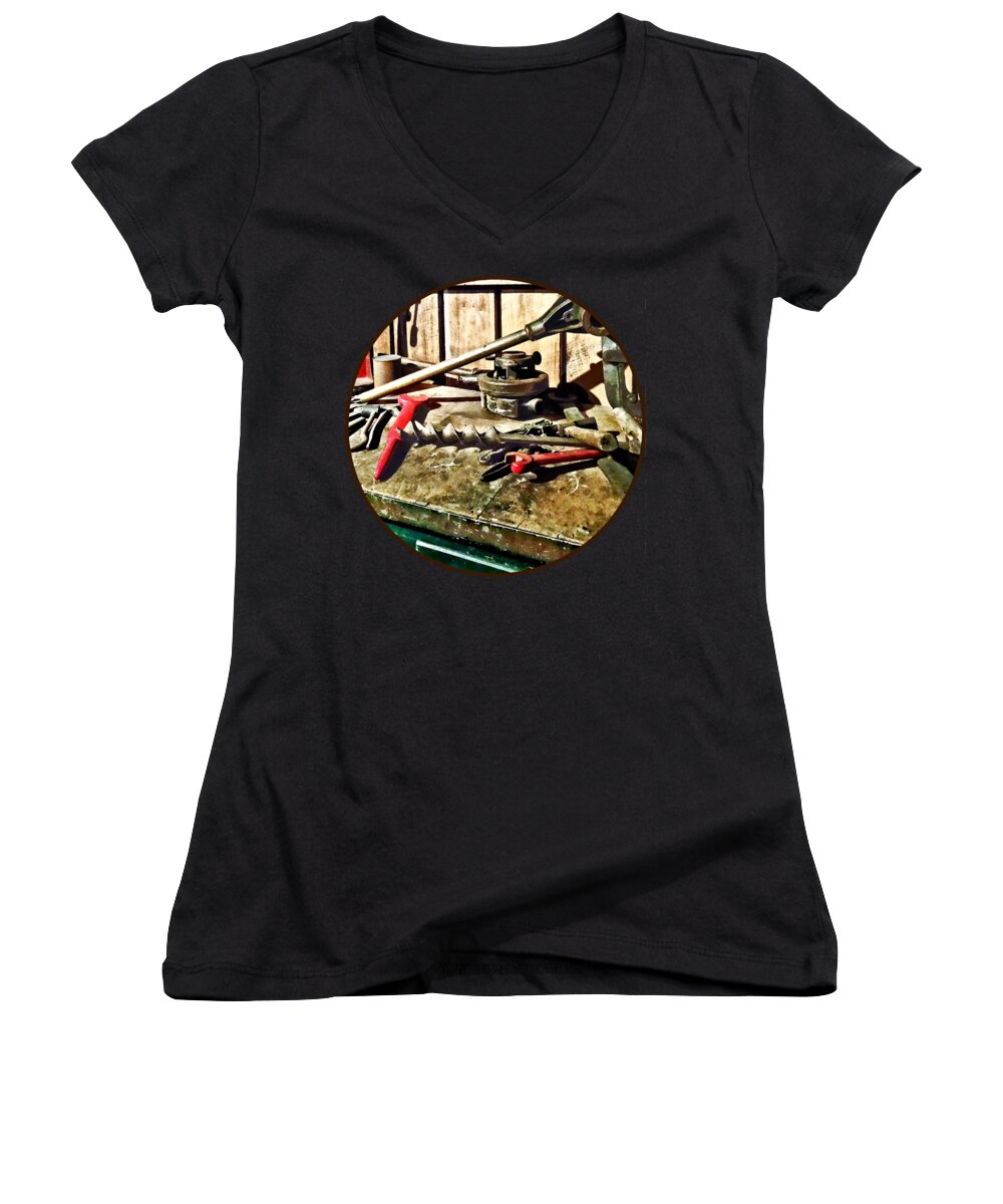 Wrench Women's V-Neck featuring the photograph Two Red Wrenches on Plumber's Workbench by Susan Savad