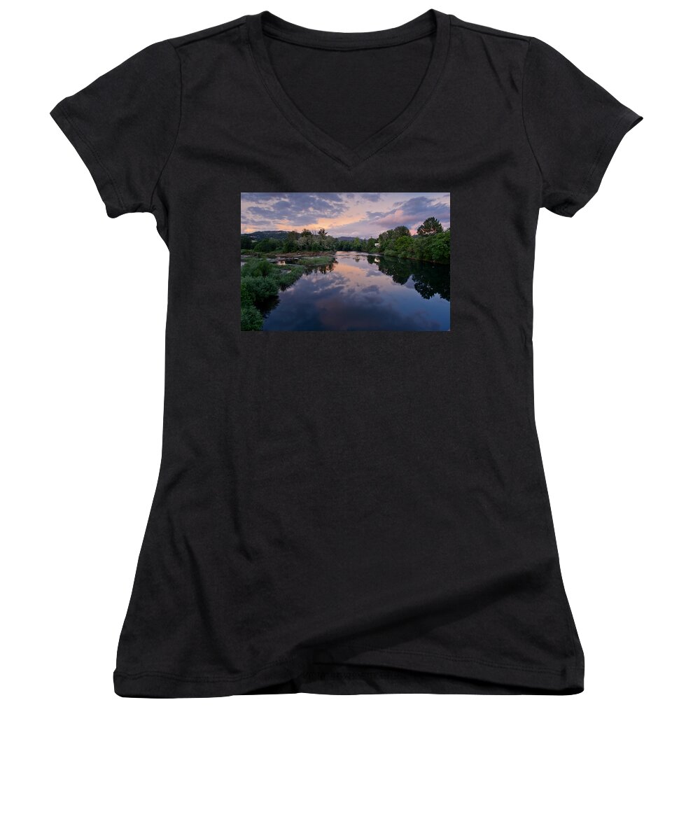 Roseburg Women's V-Neck featuring the photograph Umpqua River at Sunset by Greg Nyquist