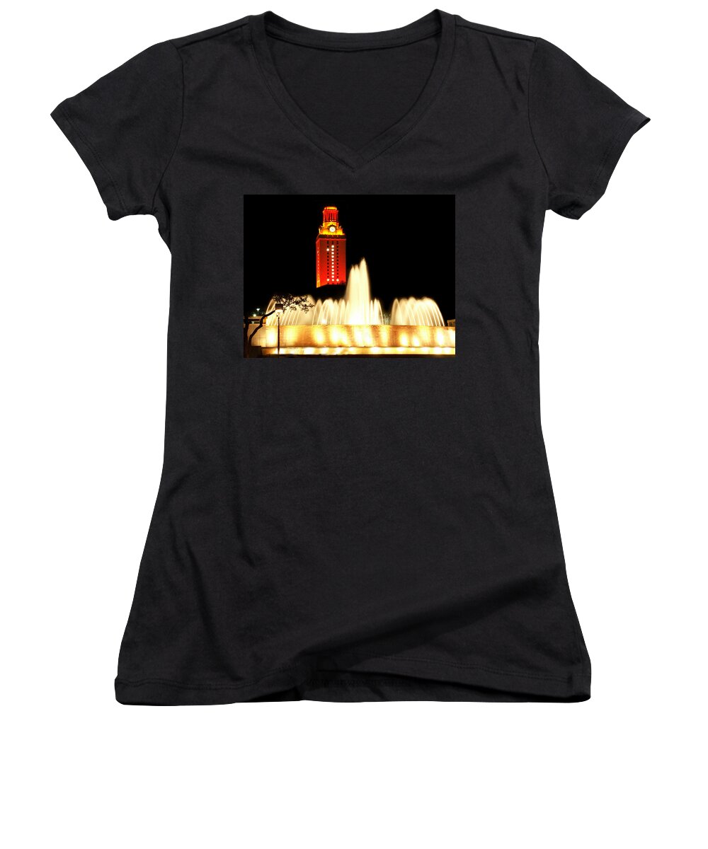 Photo Women's V-Neck featuring the photograph UT Tower Championship Win by Marilyn Hunt