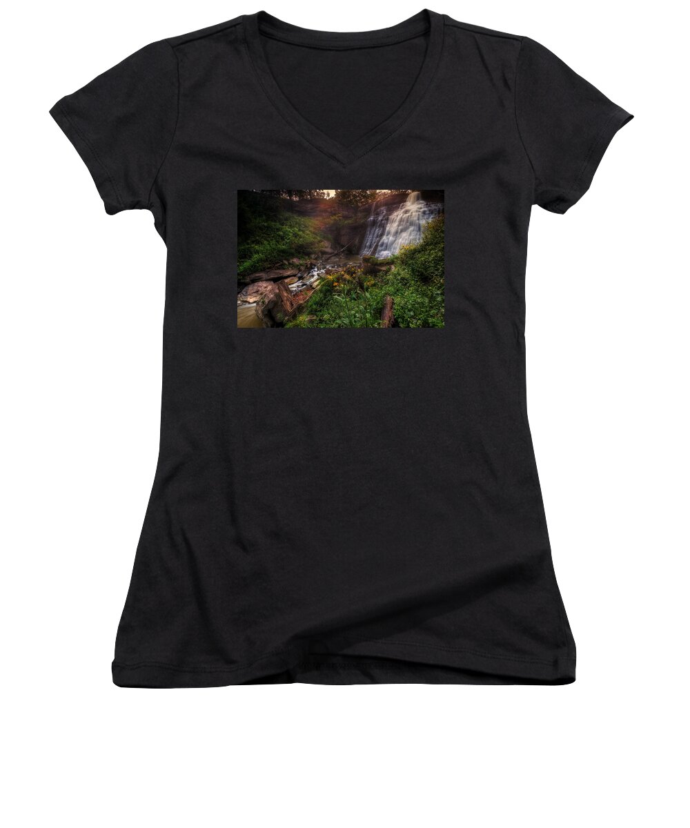 Waterfalls Women's V-Neck featuring the photograph Valley of Golden Light by Neil Shapiro