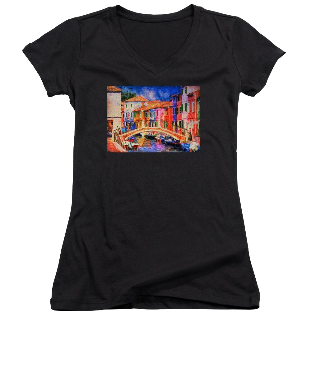 Venice # Italy # Oil Painting # Carnival # Colorful # Travel # Water # Gondola # Architecture # Bridge # View # Canal # Tunnel # Venetian # Bridge # Canal # Water # Italy # Northeastern Italy # Inspirational #venice Canals Women's V-Neck featuring the painting Venice Italy by Louis Ferreira