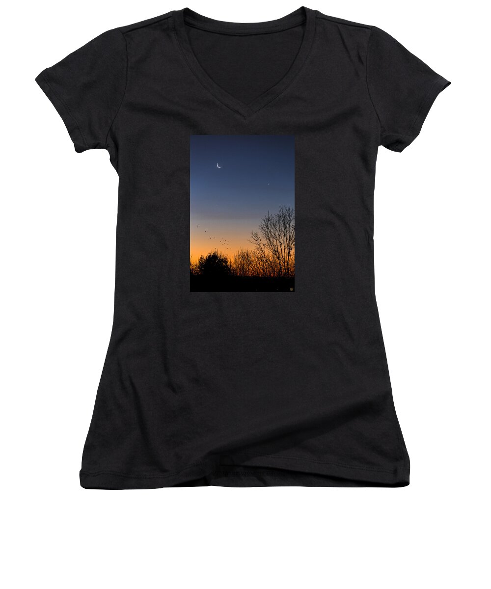 Moon Women's V-Neck featuring the photograph Venus, Mercury and the Moon by John Meader