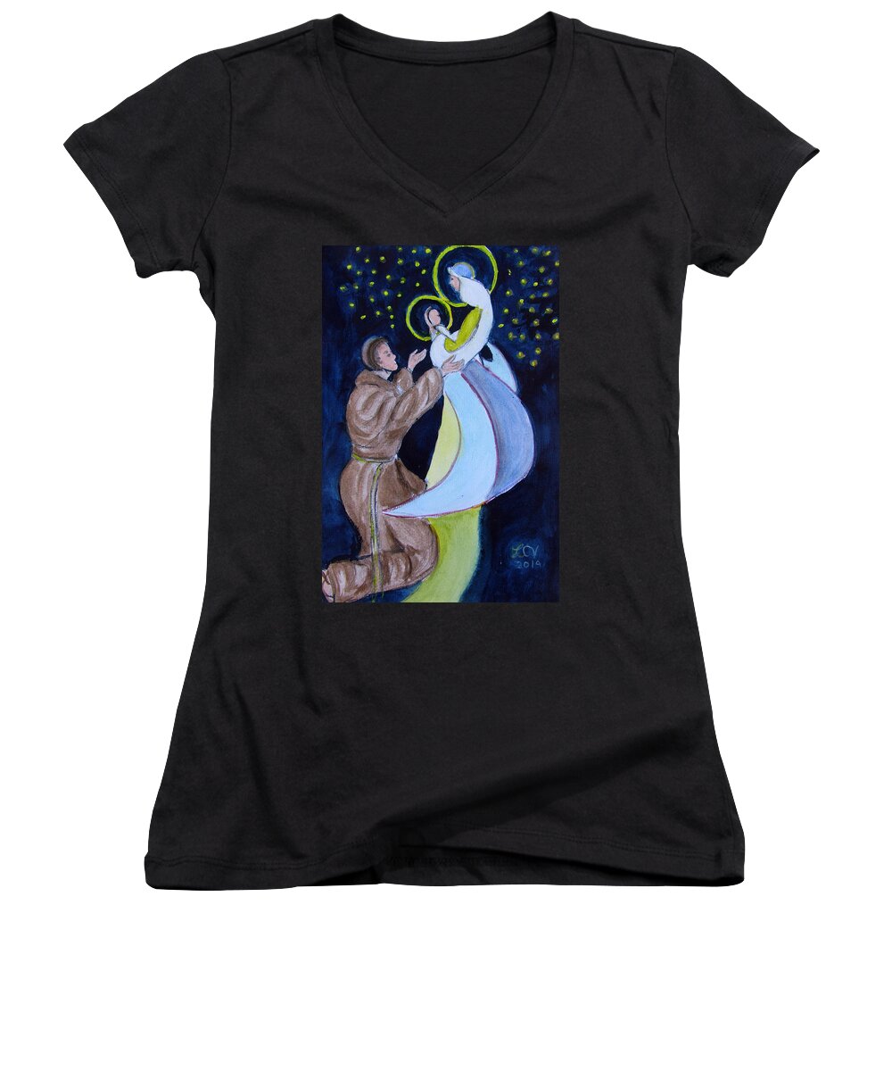 Catholic Women's V-Neck featuring the painting Virgin Mary with Jesus and St Anthony by Lucille Valentino