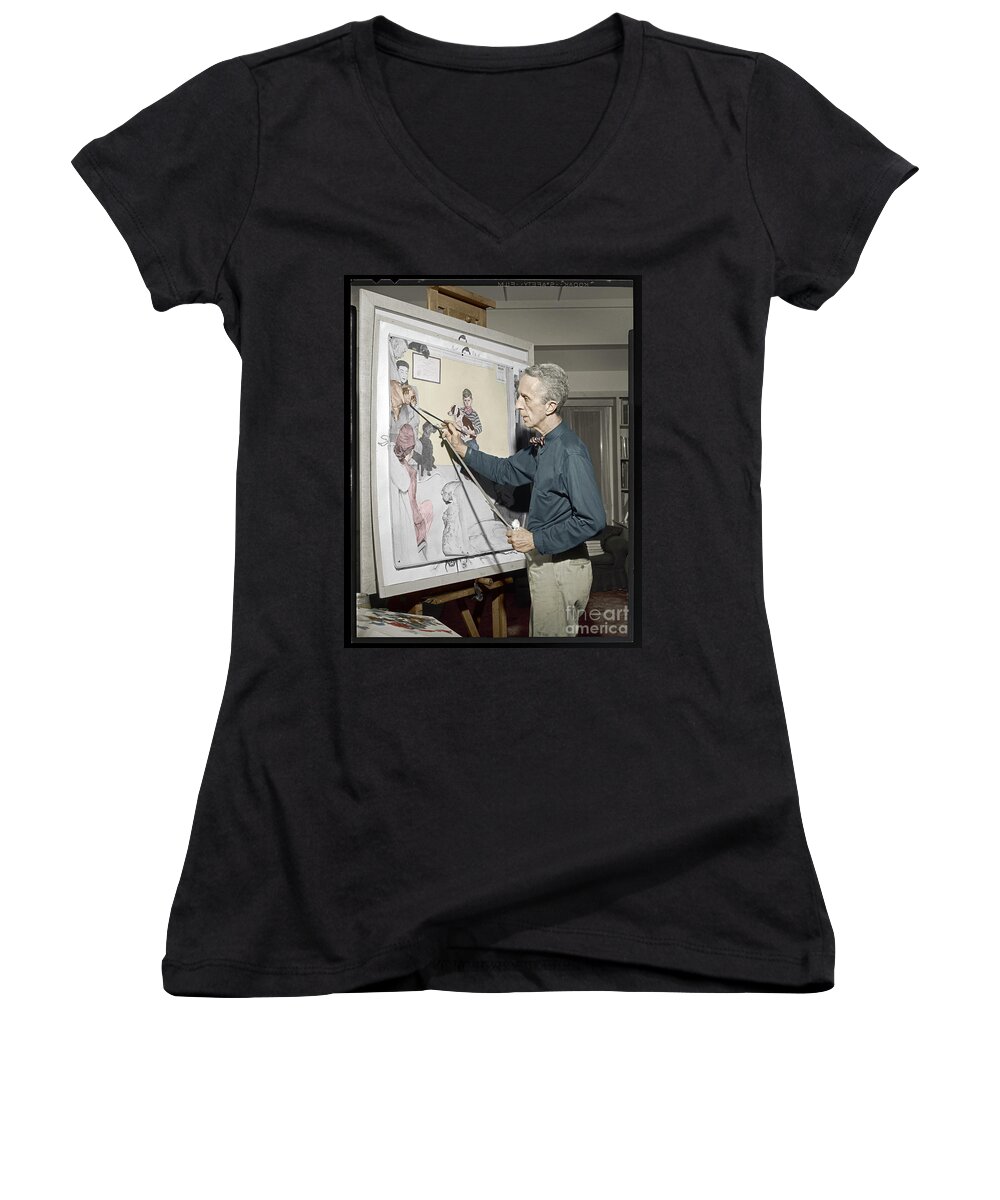 Norman Rockwell Women's V-Neck featuring the photograph Waiting For The Vet Norman Rockwell by Martin Konopacki Restoration