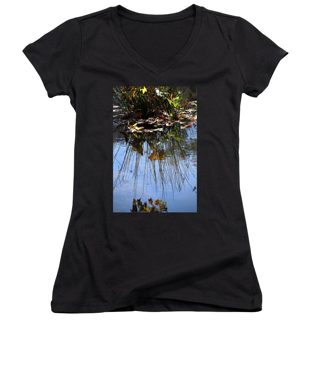 Autumn Women's V-Neck featuring the photograph Water reflection of plant growing in a stream by Emanuel Tanjala