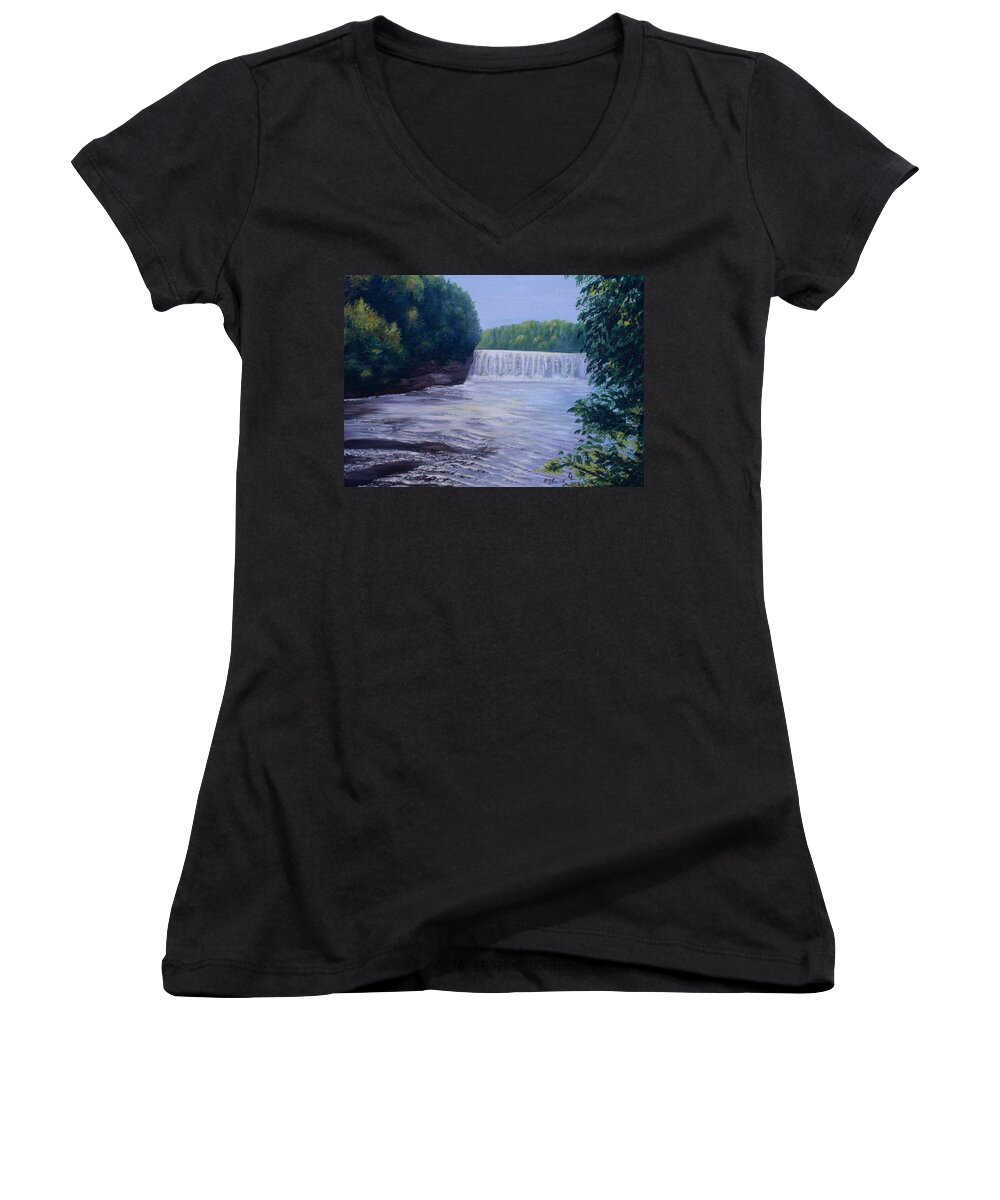  Women's V-Neck featuring the painting Waterfall by Barbel Smith